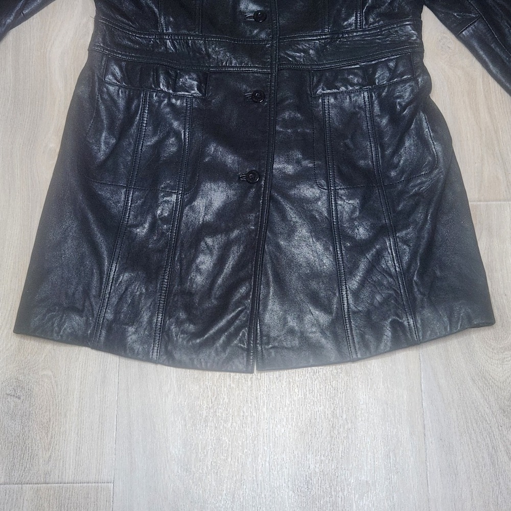 Vintage Wilsons Leather Maxima Trench Coat Women's XL Black Blue Lining Y2K 90s - Picture 5 of 14